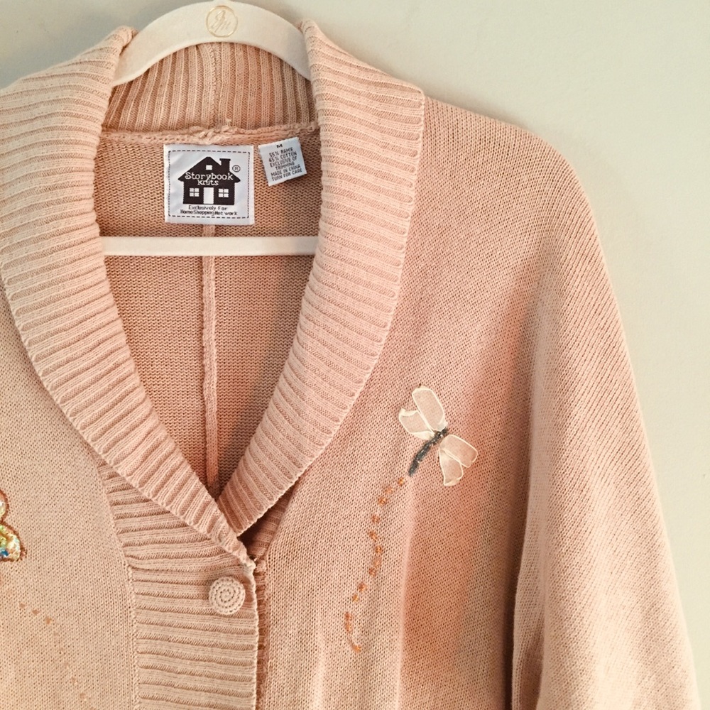 Vintage Storybook Knits Butterfly Dragonfly Tie Cardigan Medium Embroidered